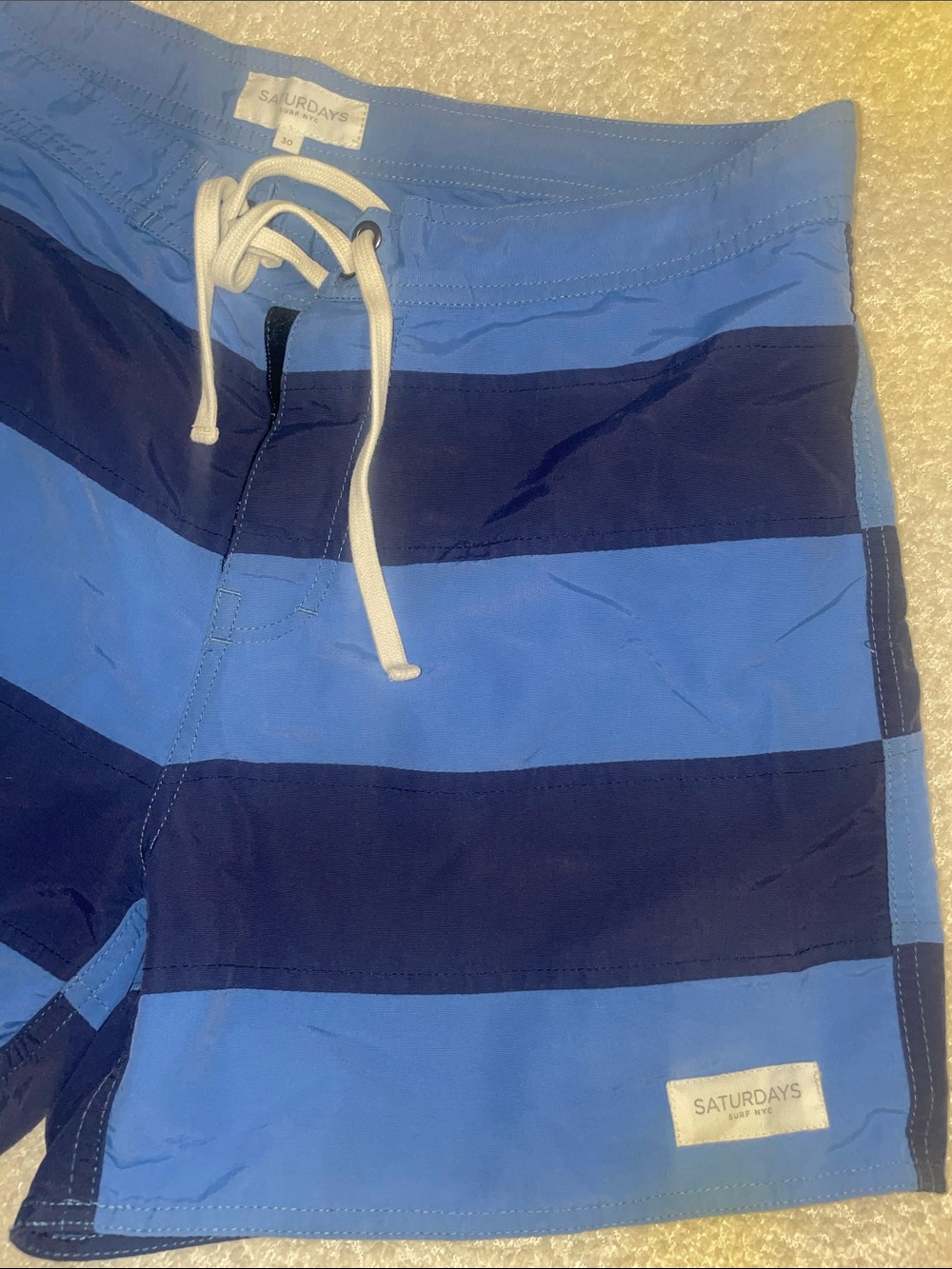 Saturdays New York City Light Blue and Navy Striped Swim Hybrid Shorts